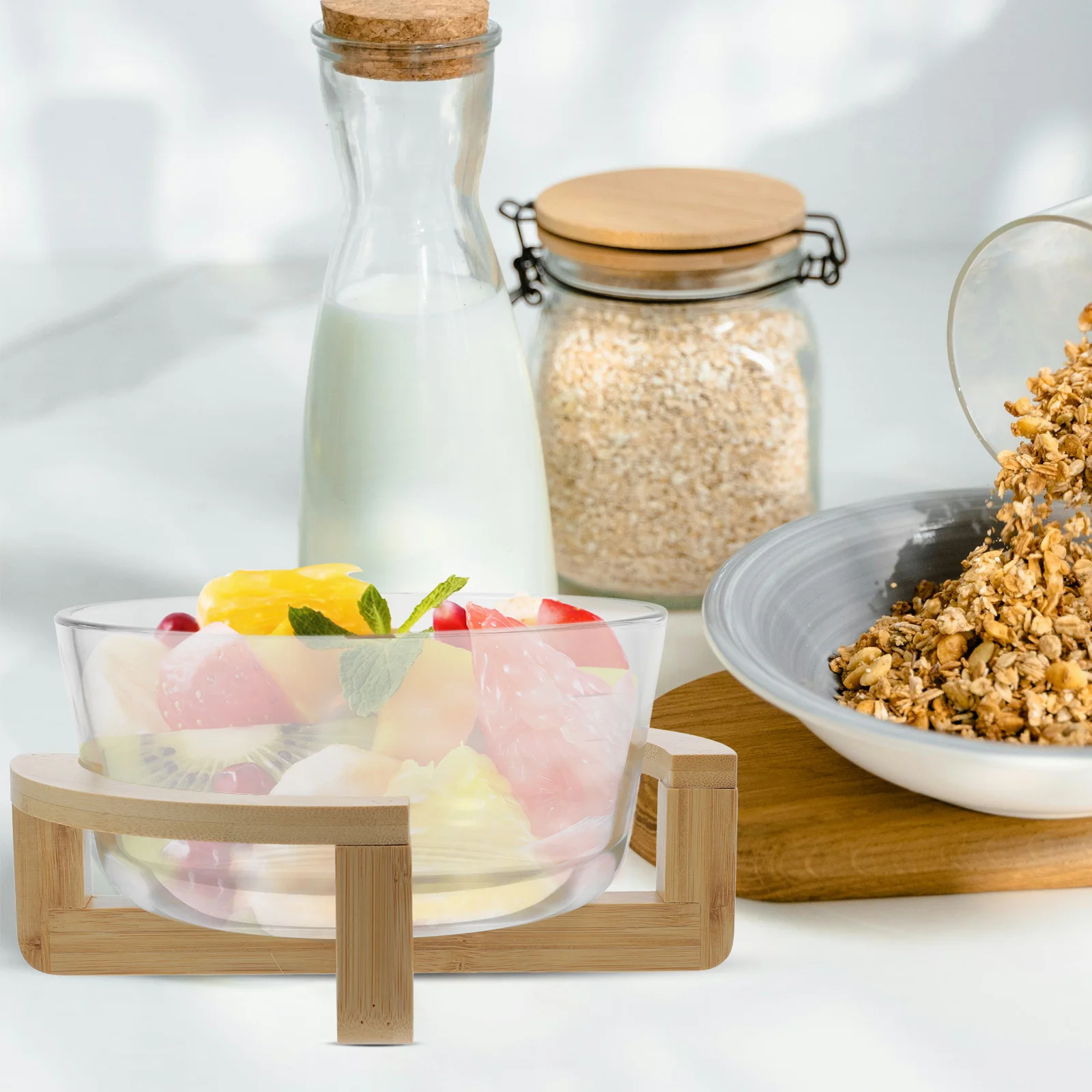 

Bowl Transparent Glass Salad with Wood Base and Tableware Function Bamboo Serving Dishes Fruit