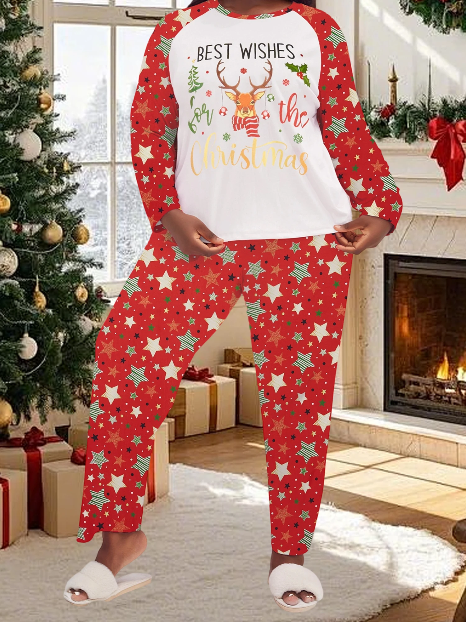 Ensemble pyjama de noël grande taille pour femmes, avec haut à manches longues imprimé flocon de neige et pantalon assorti pour tenue de nuit festive