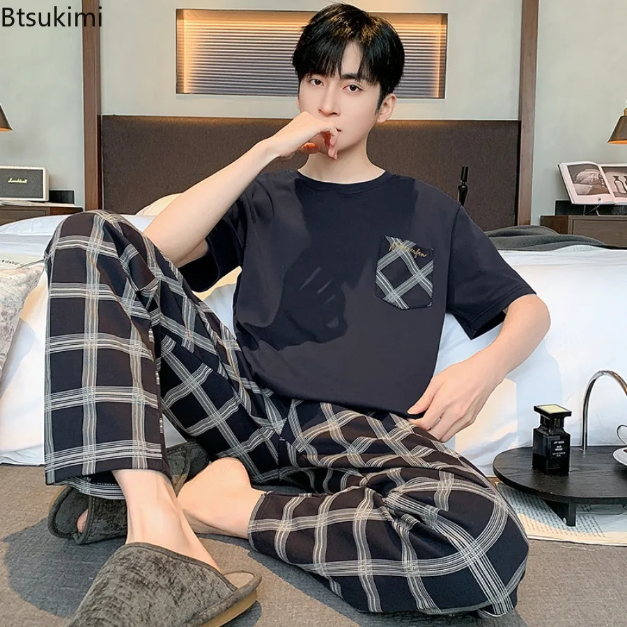 2026 Summer Men's Pajamas Sets Thin Style Plaid Casual Short Tops +Long Pants Sets Men's Sleepwear Nightwear Male Homewear Suit
