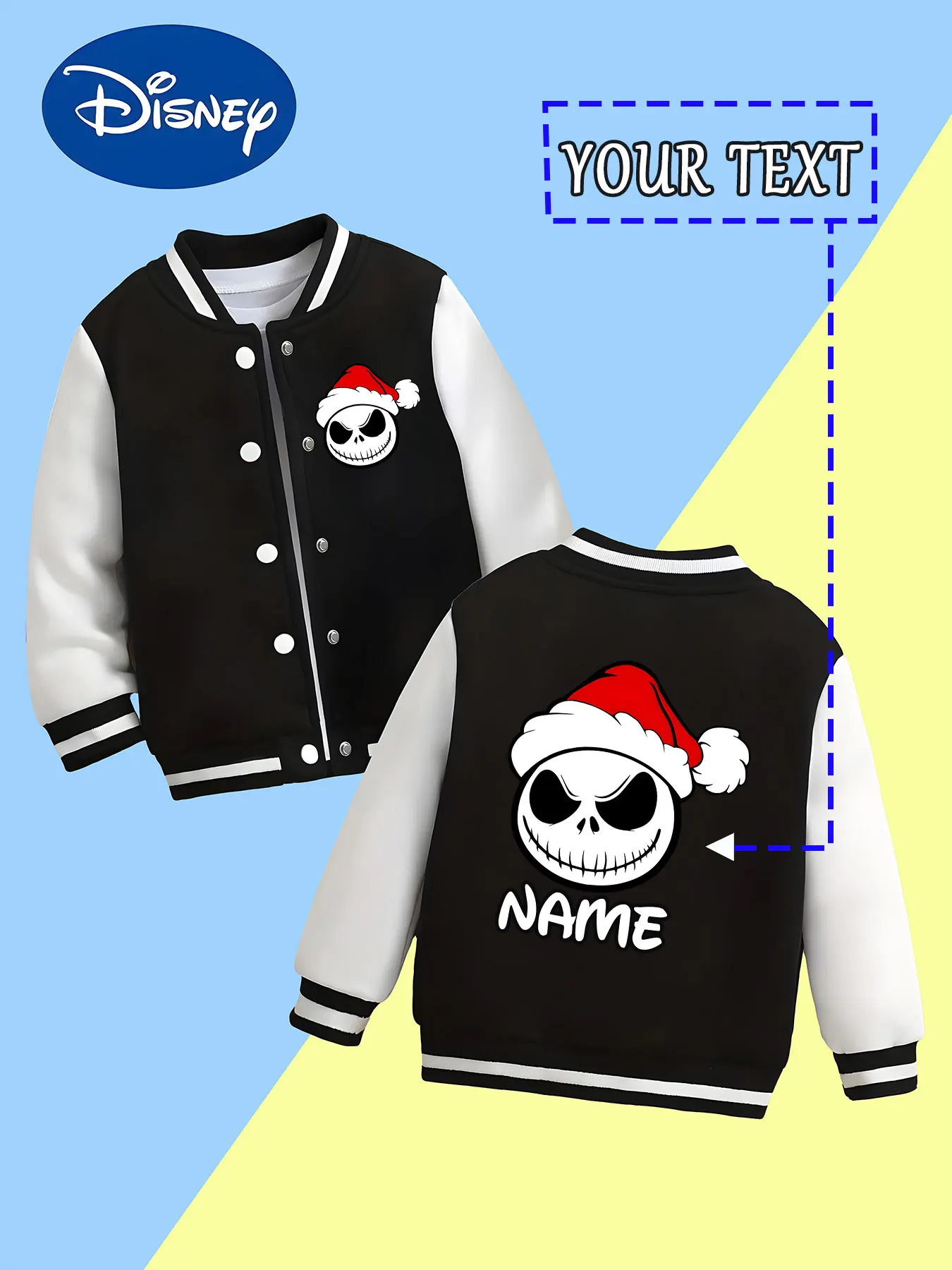 

MINISO Disney's Nightmare Before Christmas Christmas-themed children's baseball jacket - with a skull and Santa hat design, uniq