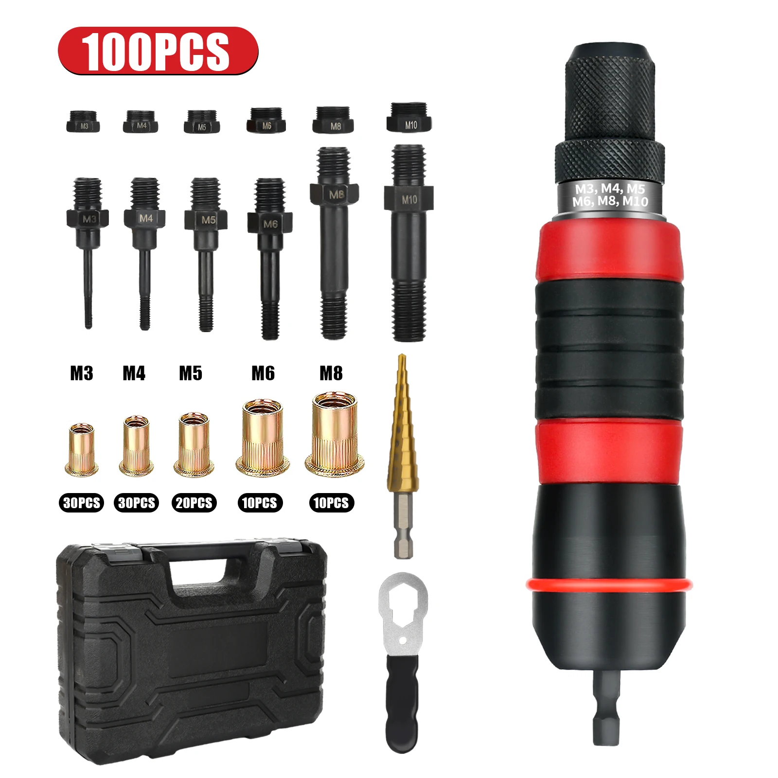 Hot M3~M10 Electric Rivet Gun Drill Adapter Grade DIY Plug-in Nut Quick Riveting Tools Kit With Rivet Nuts Rugged Carrying Case