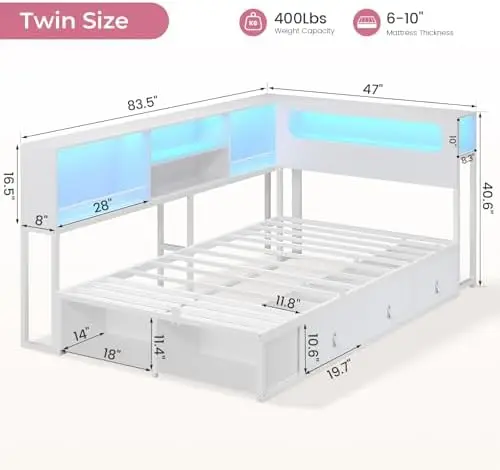 Twin Corner Bed Frame with Bookcase Storage & LED Light Headboard, Charging Station, Metal Daybed with 3 Drawers & 2