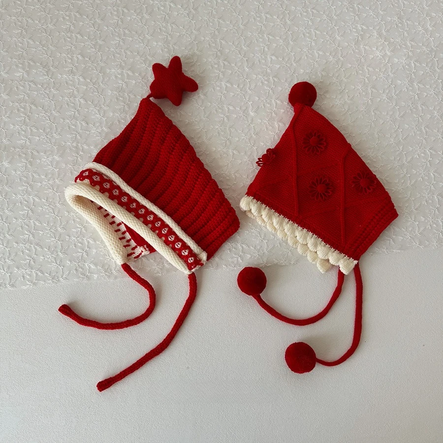 

Новая корейская шапка для маленьких мальчиков и девочек, осенне-зимняя теплая защитная шапка для ушей, кружевная шапка принцессы с рюшами, детская рождественская вязаная шерстяная шапка