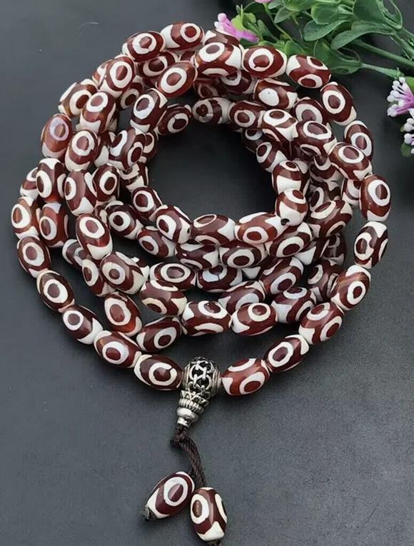 Tibetan Natural Old Patina Red Agate Dzi *3 Eyes* Buddha Beads Necklace M3048