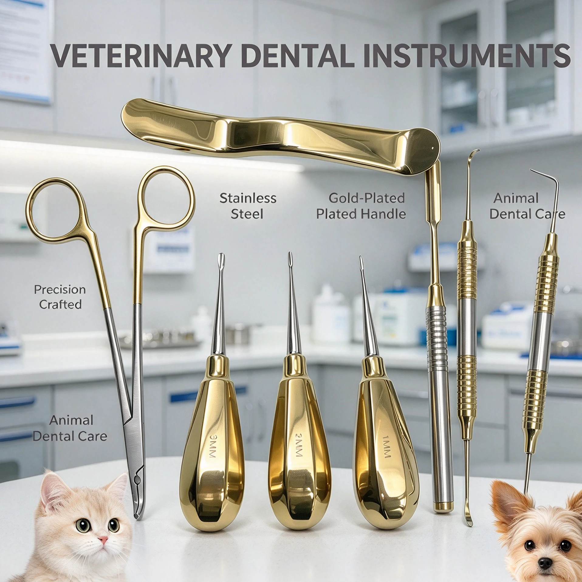 Veterinary Dental Instruments Set, Gold Plated Handle, Animal Teeth Extraction Kit for Dogs Cats, Dental Elevator & Mouth Gag