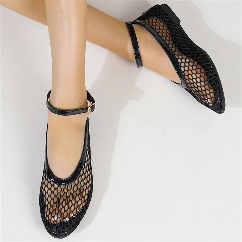 Hollow Out Mesh Mary Jane Shoes sandali estivi stringati da donna punta tonda Shallow Flat Ballet Single Shoes sandali Casual da donna