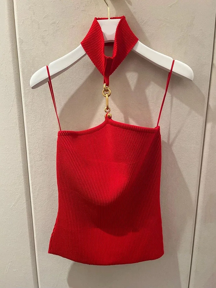 

Sexy Halter-Neck Camisole — Red Ribbed Knit, Stretchy, Slim-Fit Bandeau Top | Women's Clothing — New Summer 2026 Collection