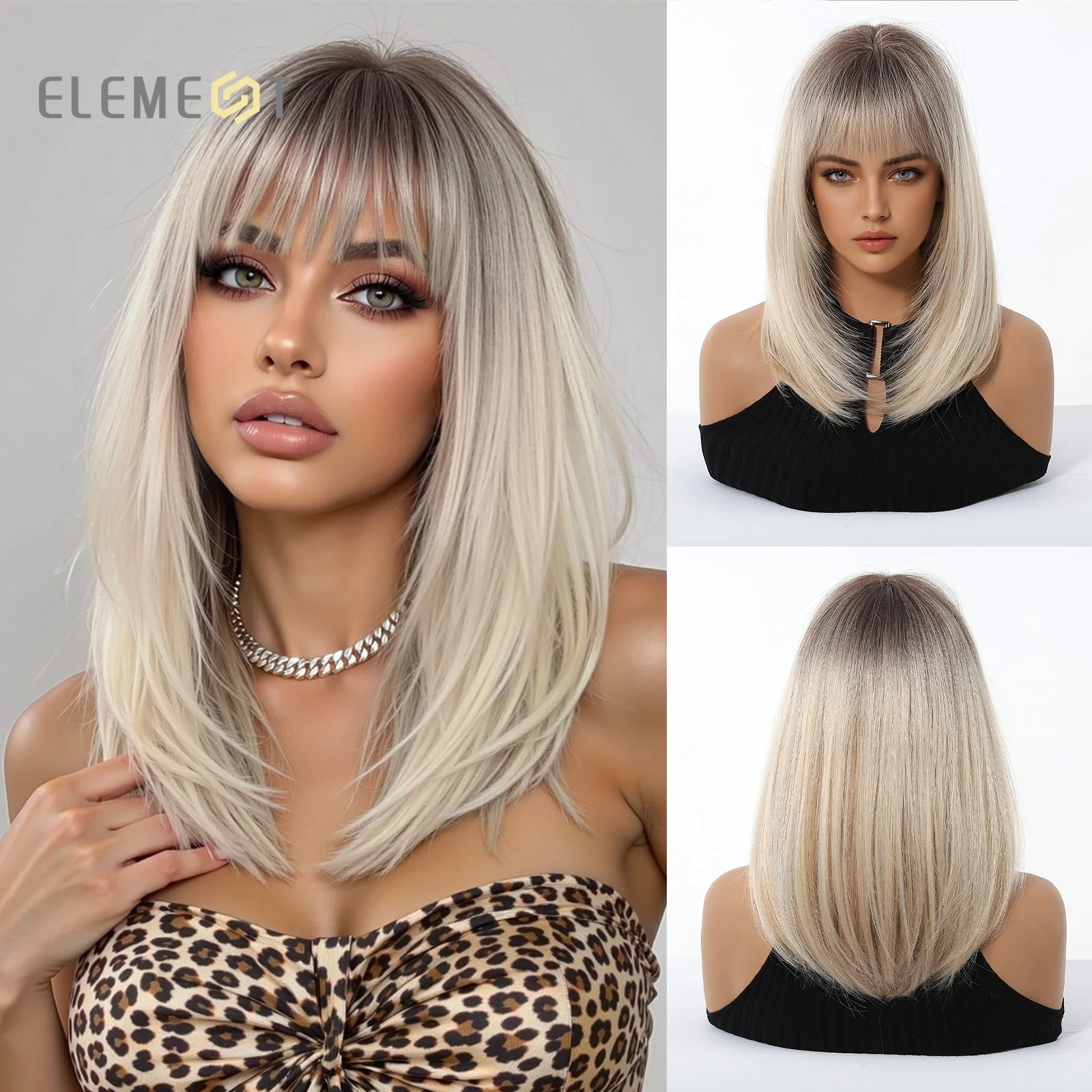 Element Brown to Blonde Ombre Long Straight Synthetic Wig with Bangs for Women Heat Resistant Hair for Daily Party Cosplay