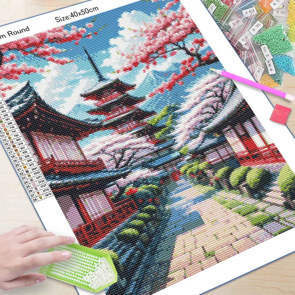 DIY Diamond Painting Cherry Blossom Fuji Mountain Landscape Illustration Mosaic Embroidery Kit Living Room Home Art Wall Decor
