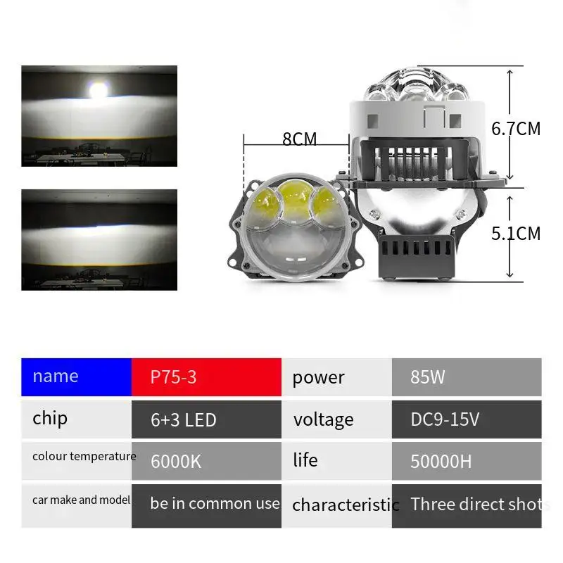 Car Headlight Retrofit 3 Inch Bi LED 3 Laser Projector Lens 12V 170W 6000K 30000Lm Hi Lo Beam H1 H3 H4 H7 H11 9005 9006