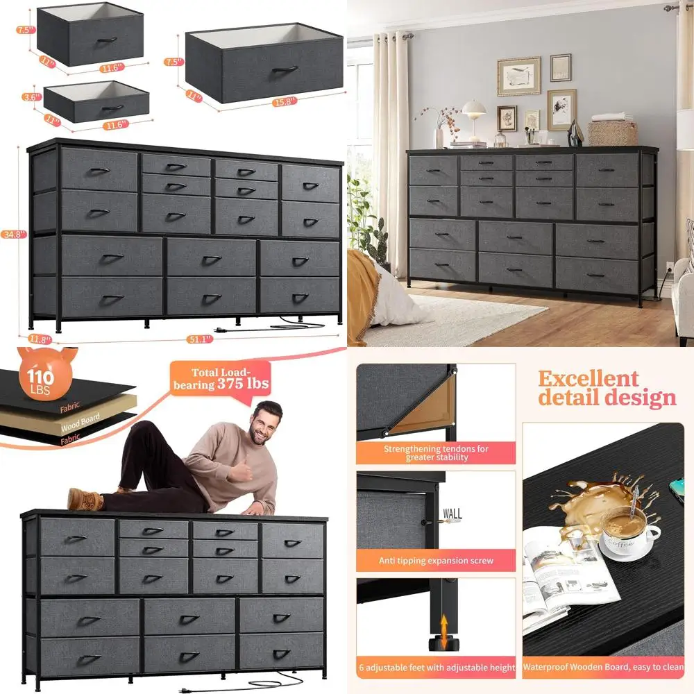 51 Wide Dresser or Bedroom TV Stand with Power Outlets, 60 TV or Living Room Entertainment Center, Storage Media Stand with Tabl