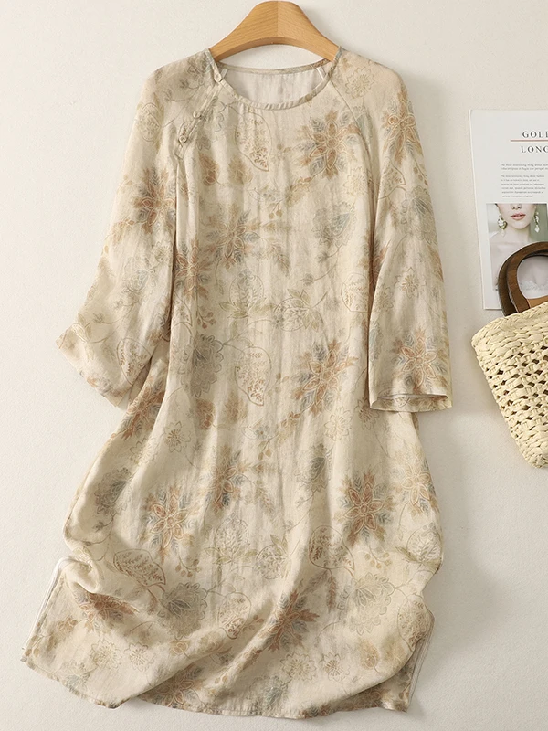 

Loose Fit Mid-Length Chinese Style Printed Shirt round Neck Seven-Sleeve Top for Women Summer Casual Breathable Comfortable