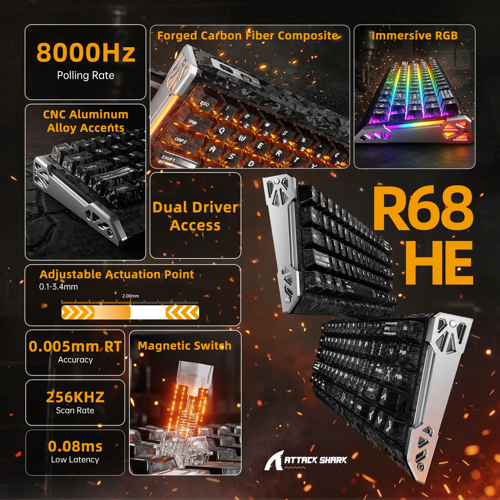 ATTACK SHARK R68 HE 60% Carbon Fiber Rapid Trigger Keyboard Magnetic Switch, 0.005mm RT Accuracy, Support RT/Snap Tap/DKS/MT/TGL