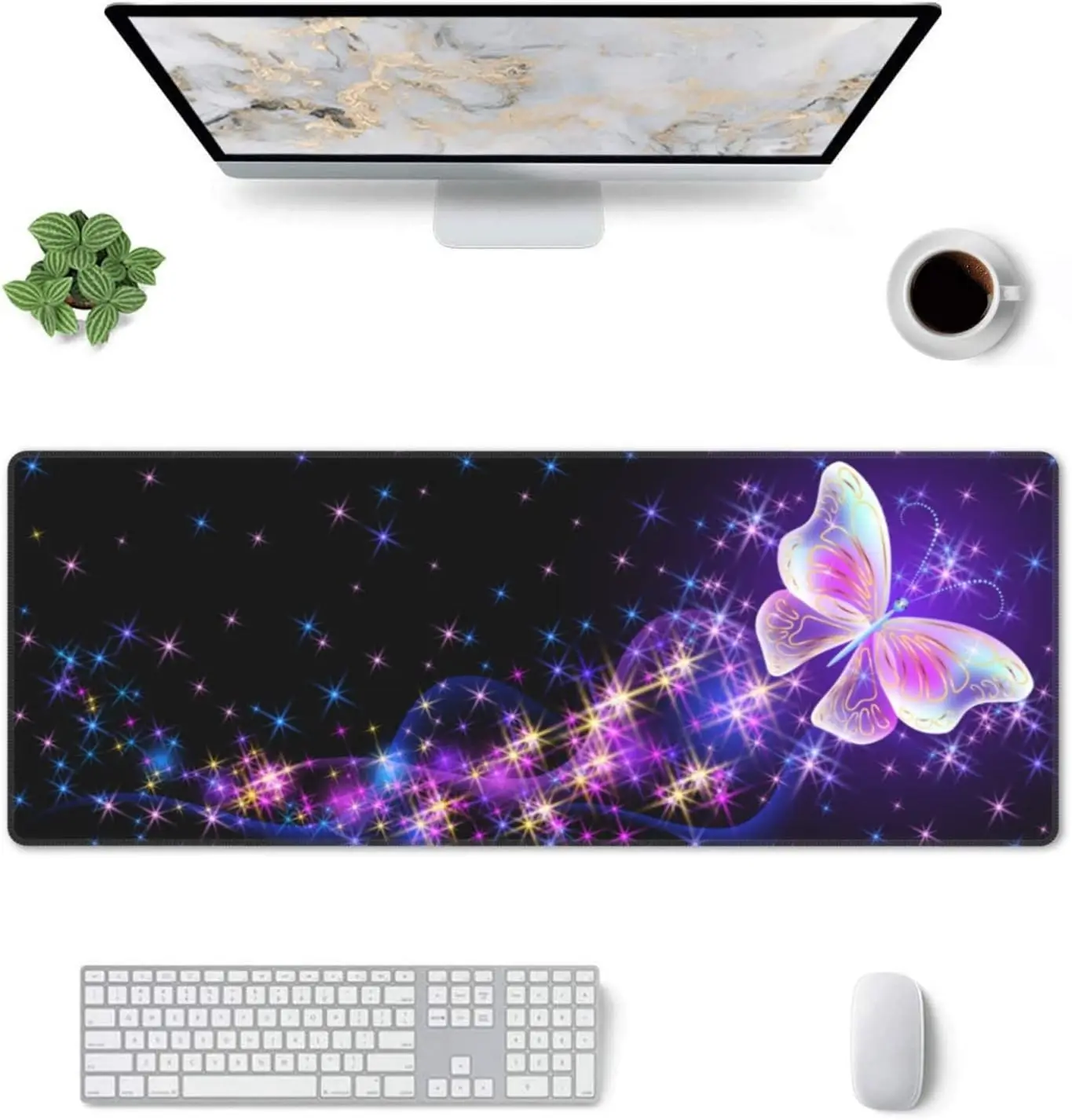 Magic Purple Butterfly Extended Mouse Pad – XL Oversized Desk Mat with Stitched Edges and Non-Slip Base for Gamers & Home Office