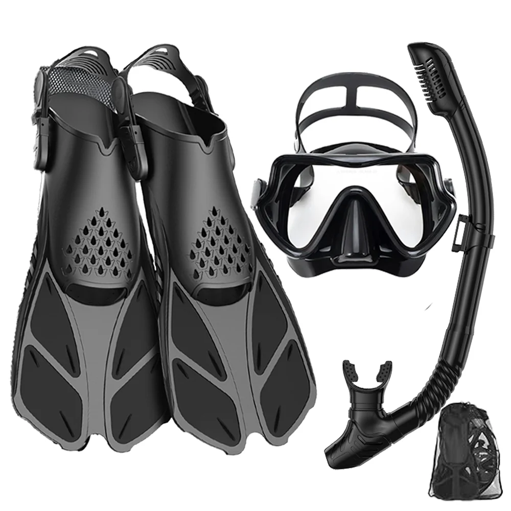 Maskervinnen snorkelset, snorkeluitrusting voor volwassenen, panoramisch zicht snorkelmasker anticondens, verstelbare duikvinnen, snork met droge bovenkant