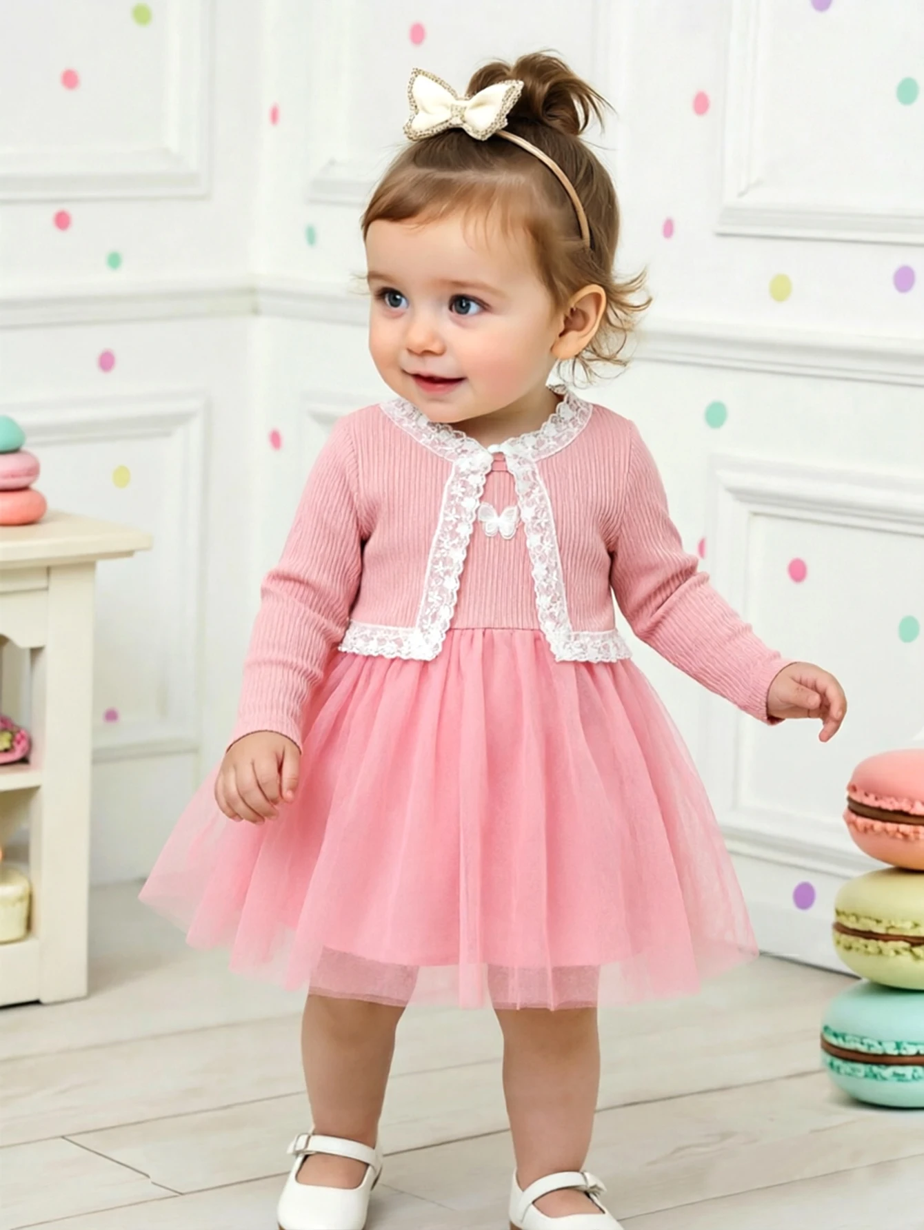 2pcs Baby Girl Clothing Set, Lace Cardigan Jacket + Suspender Mesh Dress, Baby Girl Fashionable Sweet Set
