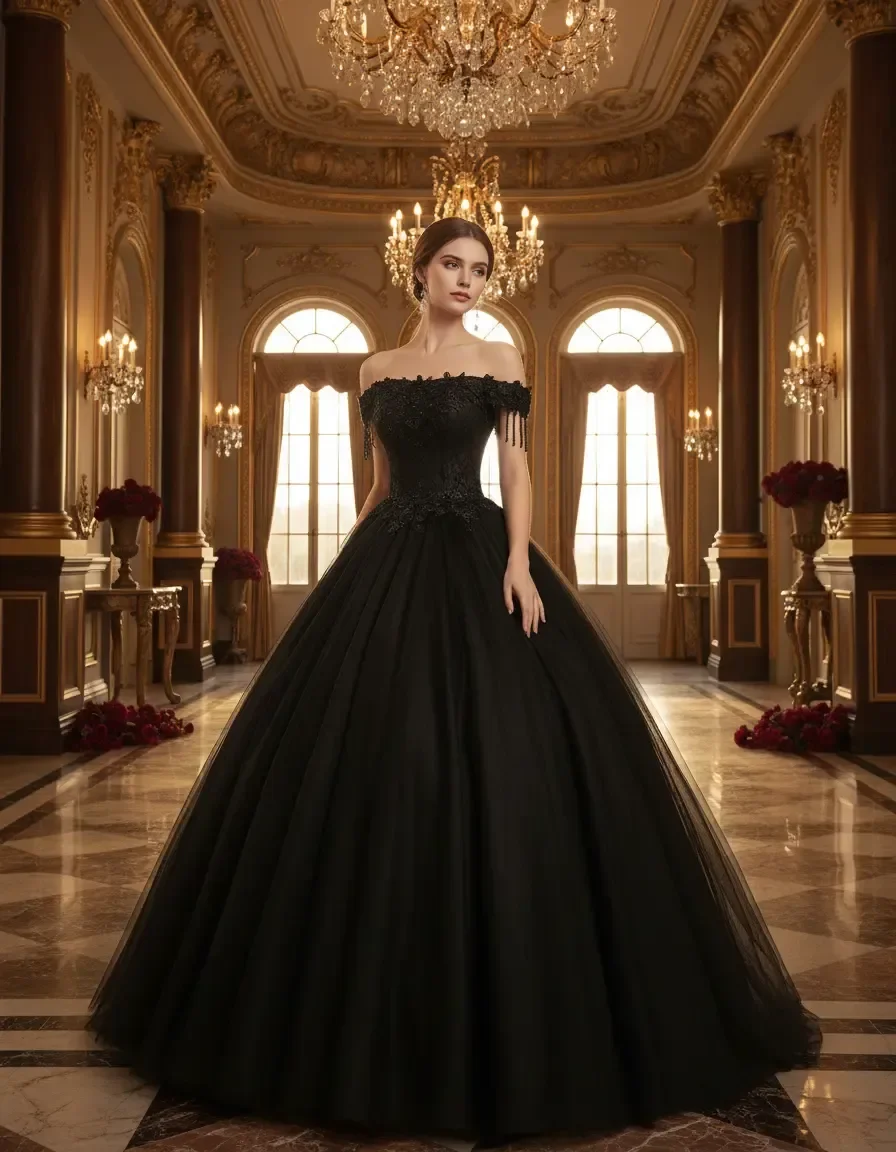 Black Off-the-shoulder Lace Floral Applique Ball Gown for Quinceanera Prom Graduation Evening Party Dress