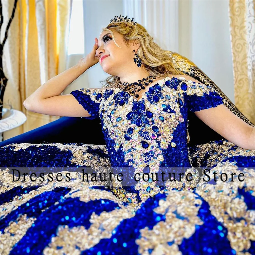 Mexican Royal Blue Velvet Quinceanera Dresses Ball Gown 2023 Applique Off Shoulder Lace-Up Sweet 16 Dress Vestidos De XV Anos