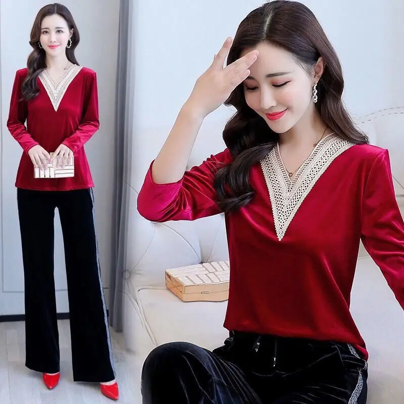 

Golden Velvet T-shirt Women's V-neck Spring Autumn Long Sleeve Bottoming Shirt Korean Loose Fashion Solid Color Top L-6XL