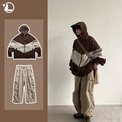 Outdoor Sun Protection Set Men Casual Couple Suit Breathable Patchwork Thin Jacket+Pleated Big Pocket Wide Leg Pants 2-piece