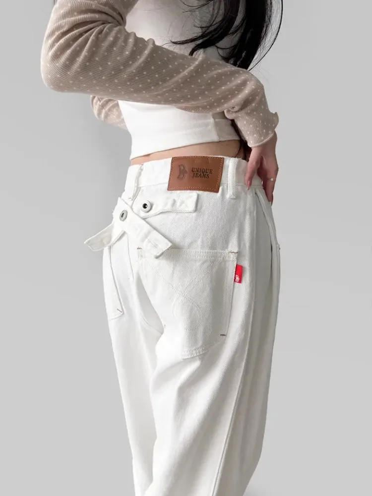 ريترو صيف جديد شيك فضفاض عالية الخصر مستقيم الساق الدينيم الجينز المرأة الخريف الربط مشرق خط تصميم عادية مريحة #2