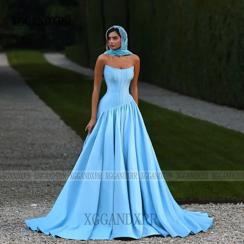 Elegant Sky Blue A Line Prom Dress 2026 Sexy Strapless Boned Satin Skirt Long Evening Party Gown Saudi Arab Woman Formal Wear