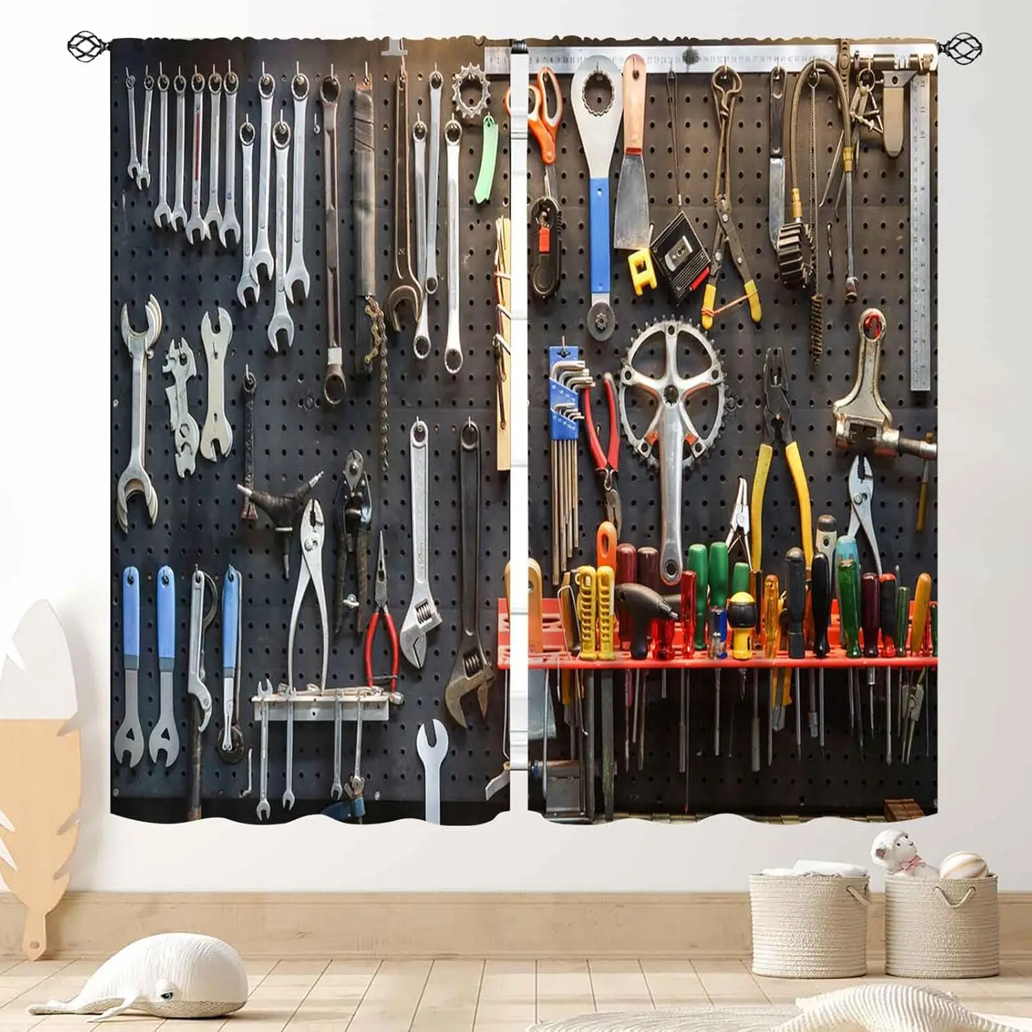 

Man Cave Curtains, Retro Rustic Garage Tools Shed Workshop Fixing Equipment Vintage Blackout Window Drapery Treatments for Boys