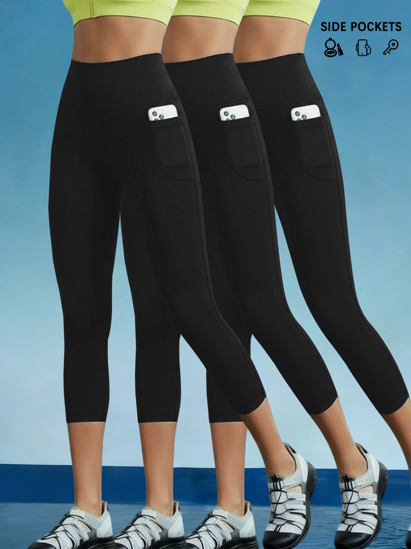 

Комплект из 3 супермягких брюк для женщин: капри с высокой талией, карманами, эффектом утяжки живота, непрозрачные, для бега