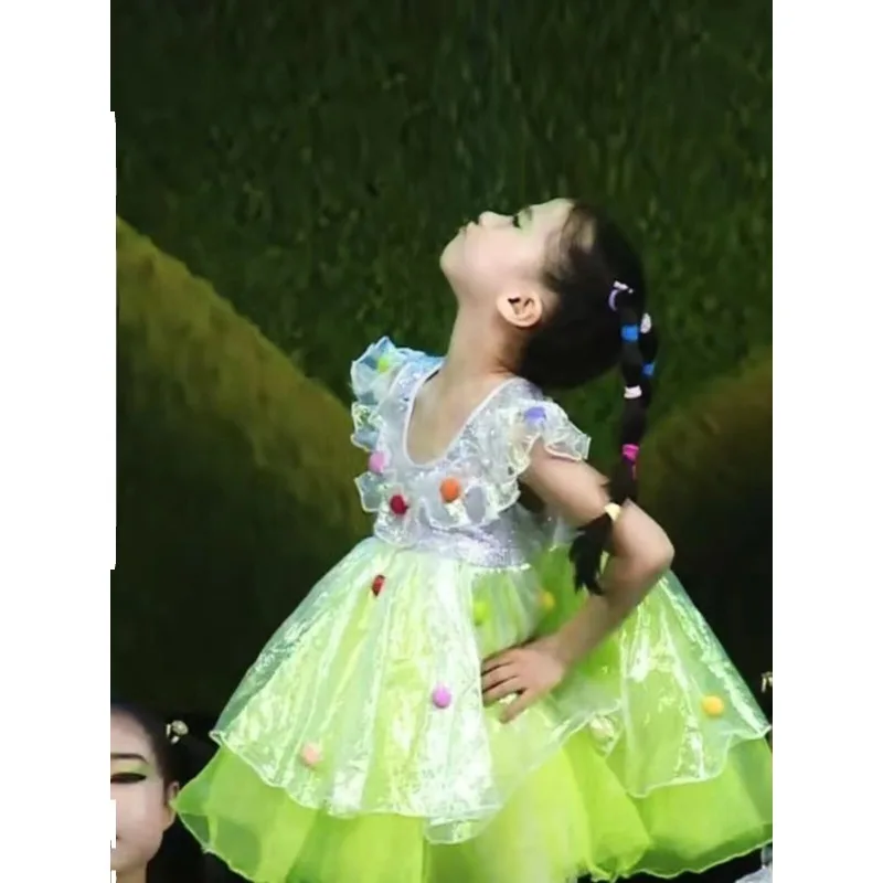 

Платье для танцевальных выступлений в детском саду для девочек, с пайетками, пышная юбка из тюля, милая юбка для сценических выступлений для детей