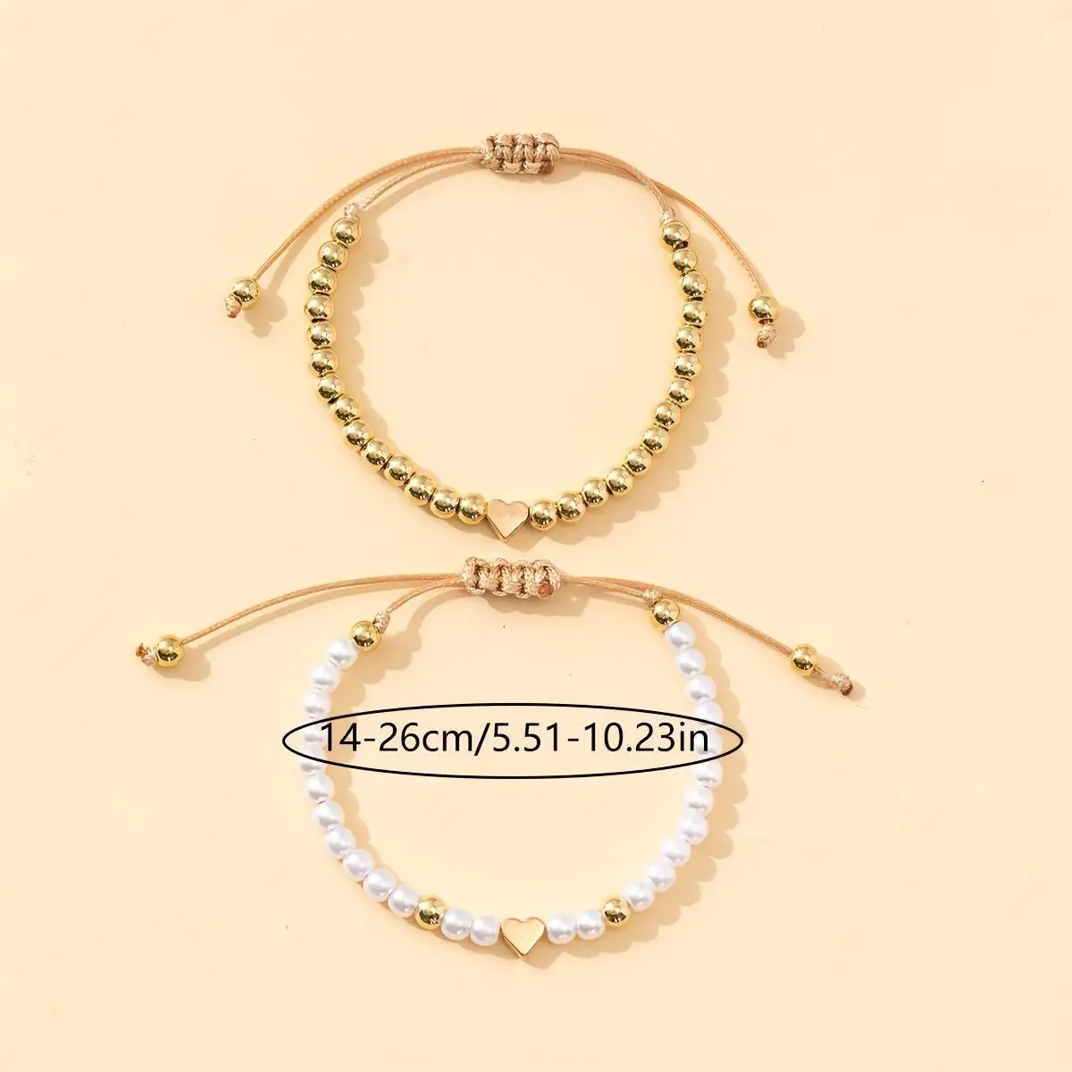 [Fashion Bracelet] 2-Piece Adjustable Beaded Bracelet | Stylish and simple, gold and white faux pearls, heart-shaped embellishme