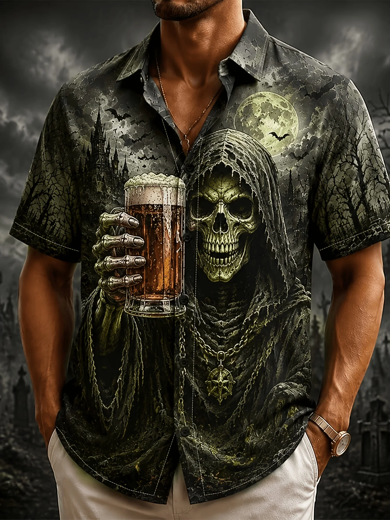 Men's Halloween Grim Reaper Beer Digital Printed Polyester Short Sleeve Button- Shirt Casual Daily Party All-Season Vintage Top