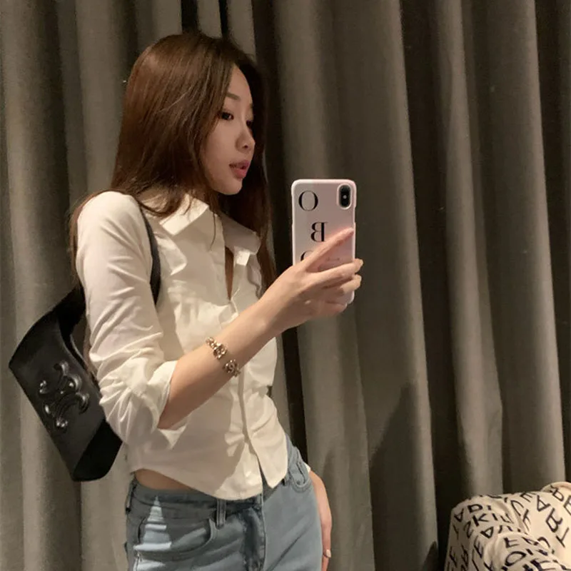 White Crop Shirt Women Y2K Summer Korean Long Sleeve Lapel Buttons Blouse Fashion Streetwear Chic Slim All-Match Shirts New