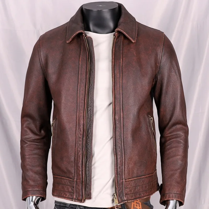 2024 New Fashion Autumn Men's Motorcycle Leather Washed To Do Old Jacket Man First Layer Of Cowhide Leather Clothing Male Coats