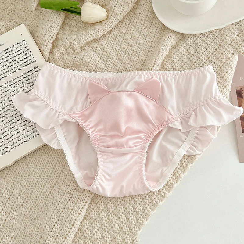 Women Milk Silk Princess Style Cute Lovely Sweety Cartoon Cat Ears Underwear Strap Lace Up Stretch Panties Ruffle Soft Breifs