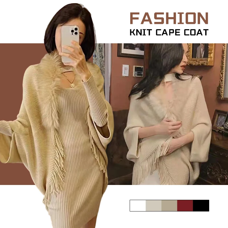 

Bohemian Fringe Fur Collar Shawl Sweater Winter Chic Shawls Wraps Oversized Women Ponchos Capes Batwing Sleeve Cardigan