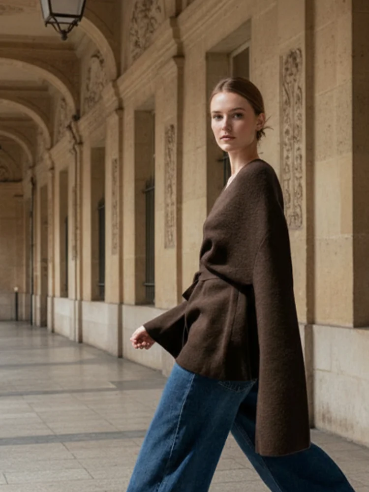 

Brown Casual Women V-neck Cardigan Fashion Solid Long Sleeve Loose Kintted Sweater Lady Winter Daily Commute Office Cardigans