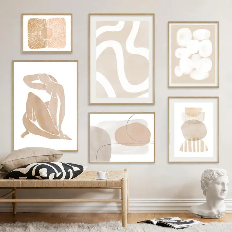Aquarell-Abstrakte Wandkunstdrucke, Pastell-Leinwandgemälde für Wohnzimmer, Heimdekoration, Boho-Poster, neutrales Beige-Grau