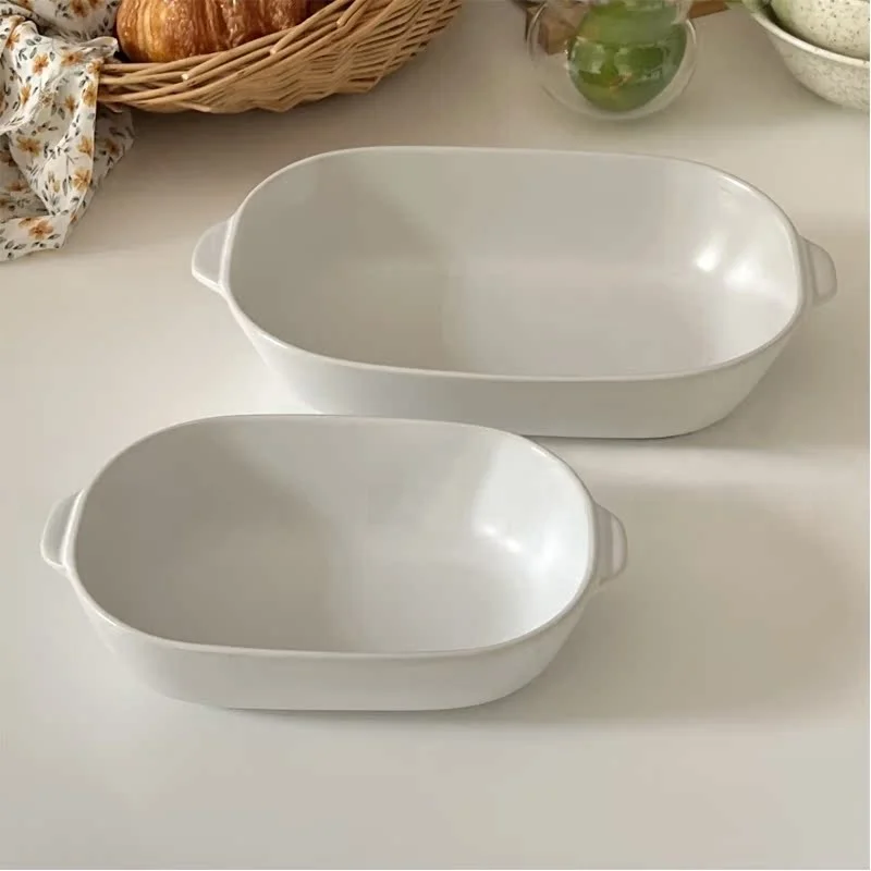 Simple Ceramic Baking Dish Square Home Use Double Ear Curry Rice Salad Plate Rabbit July Brand Multifunctional Dish Color Glaze