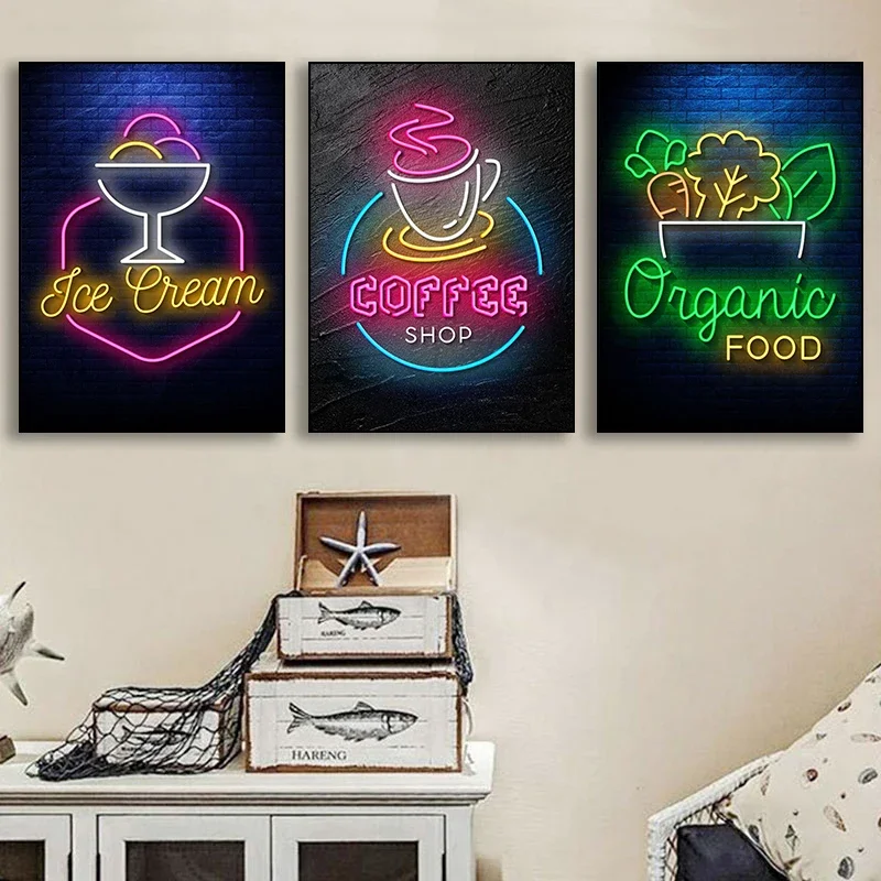 Neon Effect Food Noodles Ramen Popcorn Sushi Canvas Painting Print Poster Wall Art for Kitchen Bar Room Home Decor Cuadro No LED