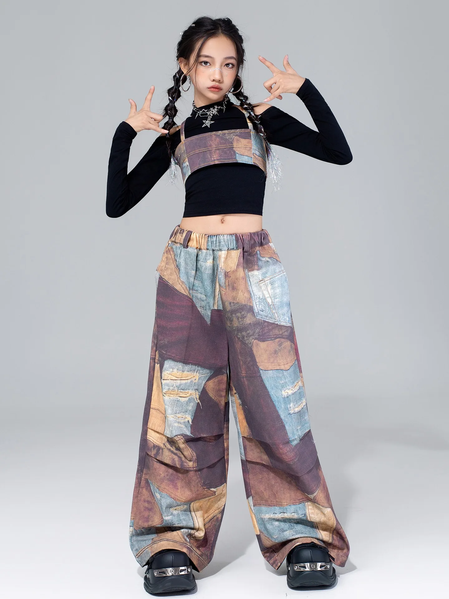 Mädchen Hip Hop Jazz Dance Kleidung Kpop Lange Ärmel Crop Tops Baggy Mode Hosen Kinder Straße Tragen Modern Dance Tragen BL17713