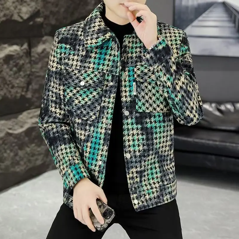 Spring Autumn Men Jackets Overisized High Street Fashion Pocket Design Houndstooth Harajuku Korean Style Tops Casual Coats