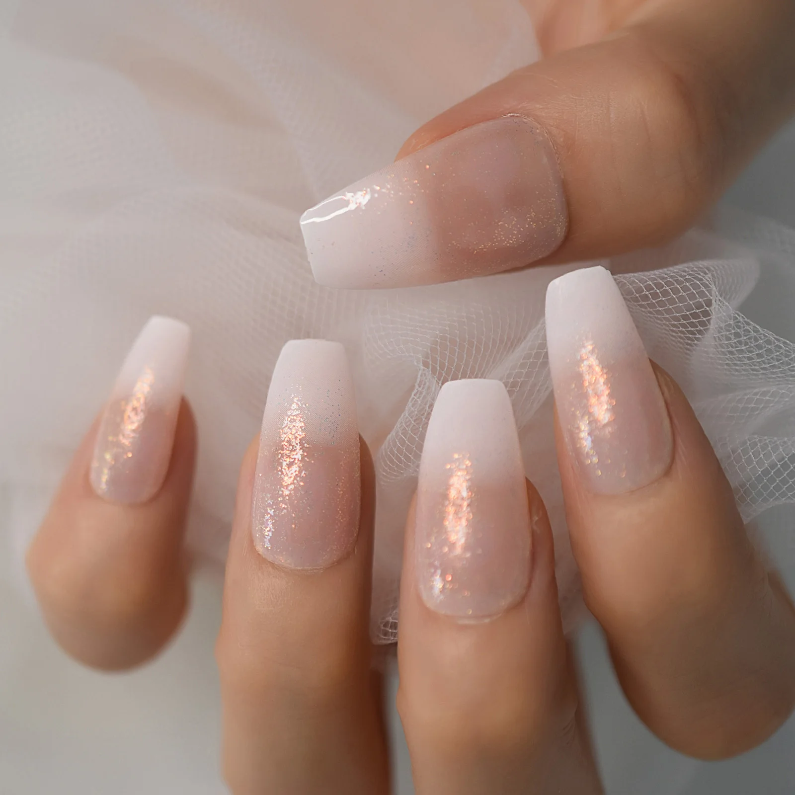 Ombre White French Press on False Nails Long Ballerina Coffin Popular Shimmer Glitter Glossy Fake Fingersnails Extention Tool