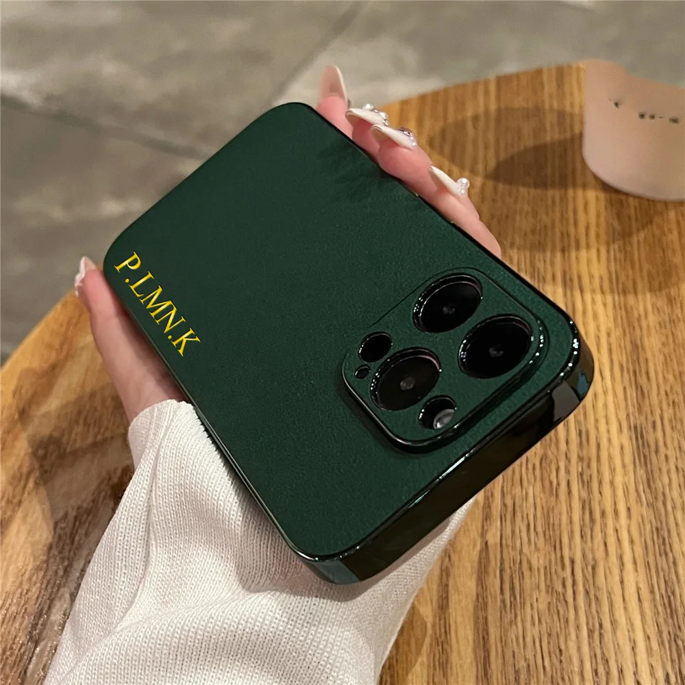 For iPhone 11 12 13 14 15 16 Pro Max Case Leather Plating Personalised Customized Name Initials Leather Cover 16 15 14 Pro Max