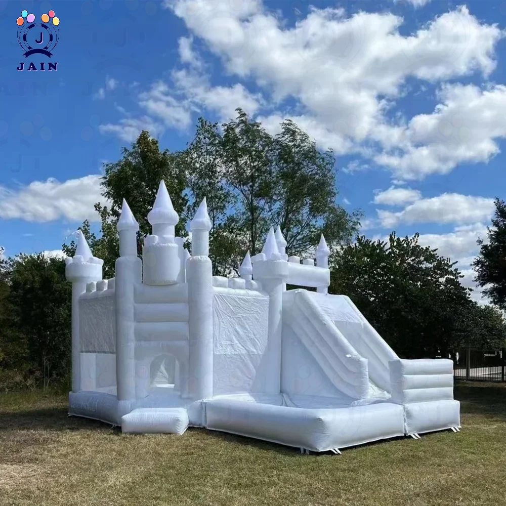 Inflatable Bouncy Castle for Kids, White bounce House with Blower for Outdoor Playground, Wedding and Birthday Party, New Design