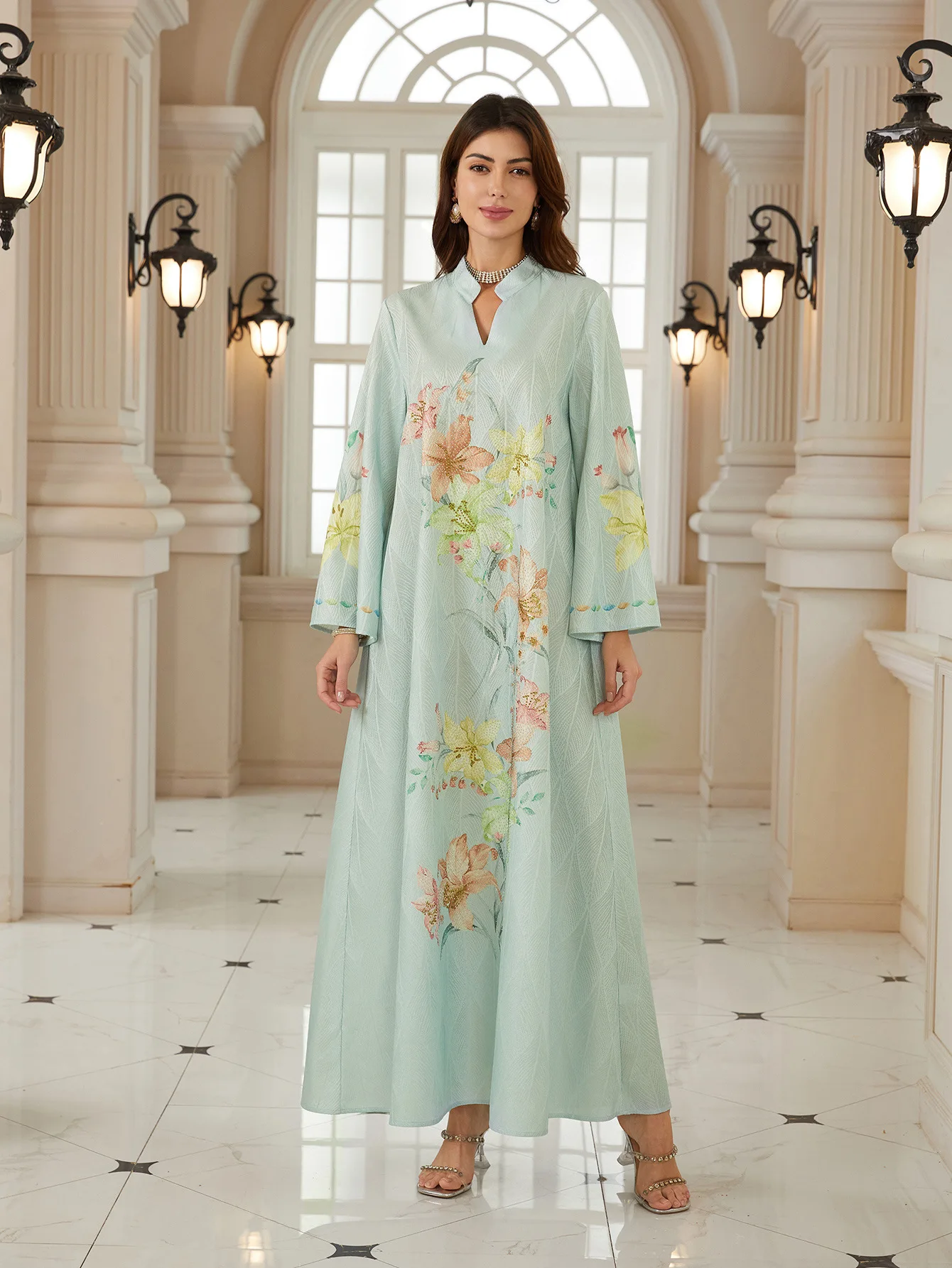 Eid Dress Abaya Women Flower Print Party Dresses Muslim Diamonds Vestidos Arab Long Robe Jalabiya Ramadan Morocco Dubai Kaftan 6
