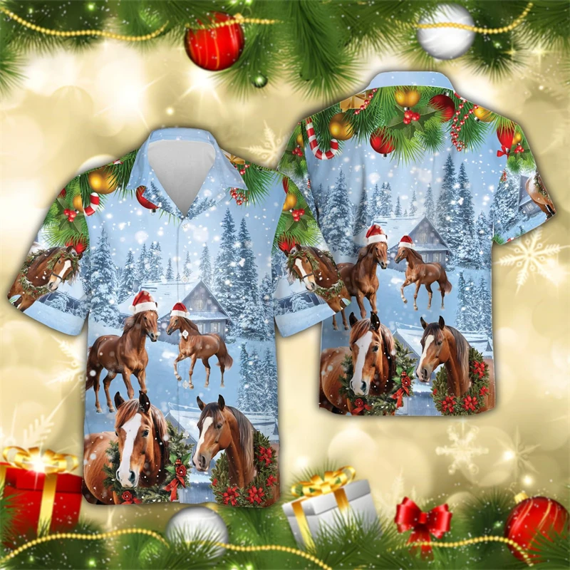 Funny Xmas Goat Graphic Shirts For Men Clothes Christmas  Farm Cattle Sheep Horse 3D Printed Button Clothing Animal Beach Shirt