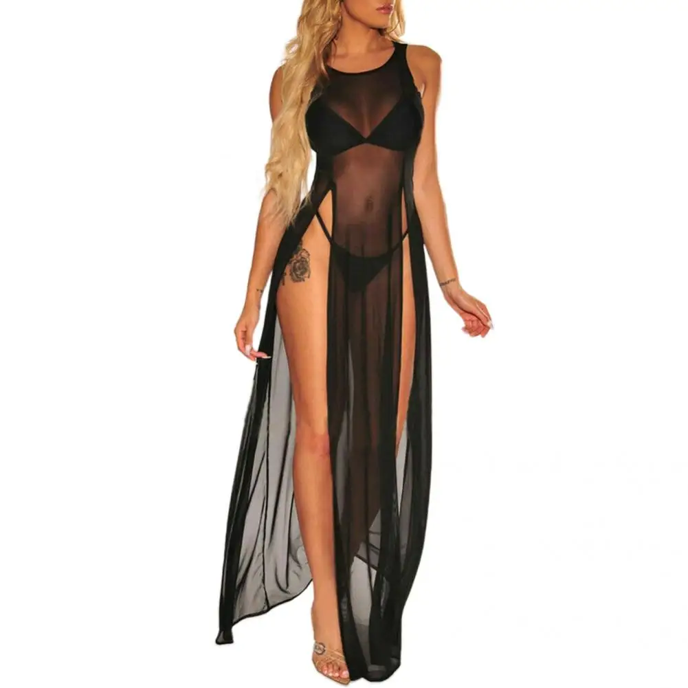 Bikini Cover Up Beachwear Swimsuit Cover Up Mesh See-through  Stylish Solid Color Beach Cover Up