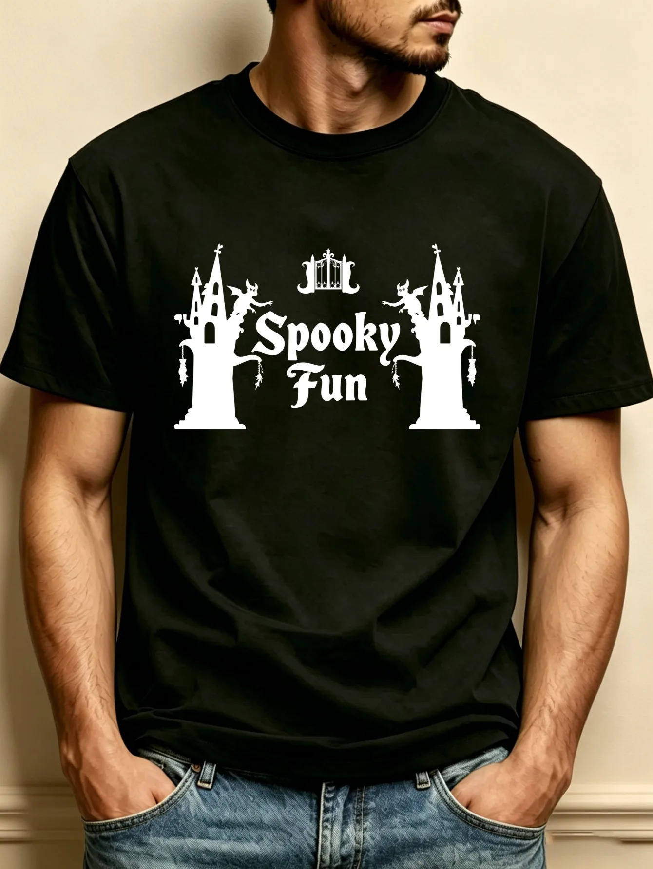 Thrilling and Fun Castle and Gargoyle Design Men's Crew Neck T-Shirt, Loose Fit, Pure and Stylish, Versatile, Soft and Comfortable Fabric, Suitable for Daily Wear and Holiday Gifts, Halloween Theme, Autumn and Winter Season, Perfect Gift for Relatives and Halloween Enthusiasts, Halloween Party Costume Event