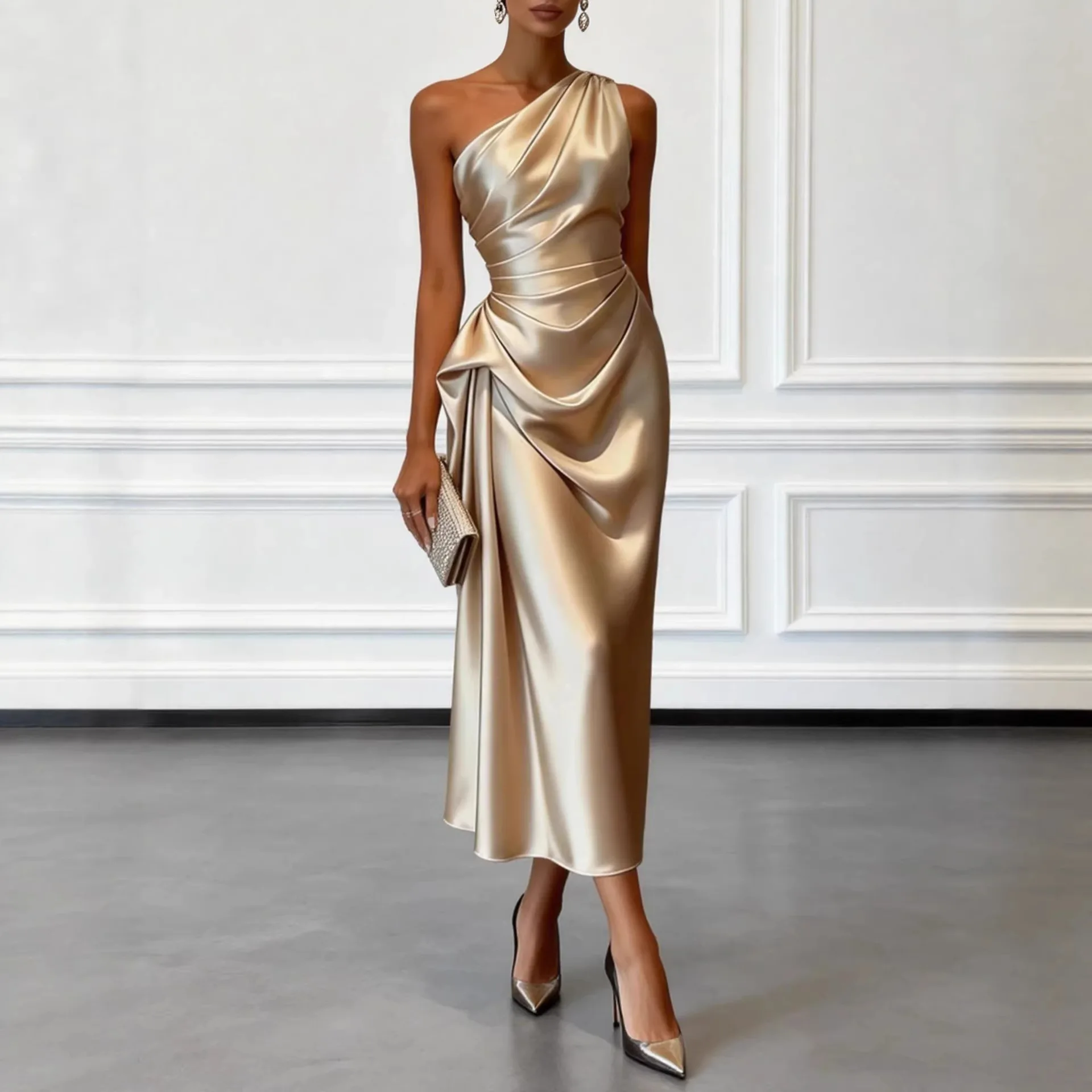 One Shoulder Asymmetrical Neck Satin Midi Dress All Over Side Ruched Draped Detail view 4