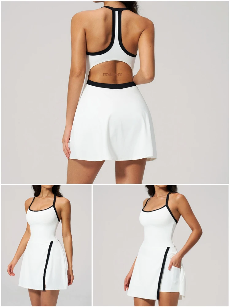 VITALINOVO Tenniskleid mit Eingebauten Shorts und BH Sportkleid für Damen Sommer Cut-Out Golf-Workout-Kleid mit Seitenschlitz – Detail 6